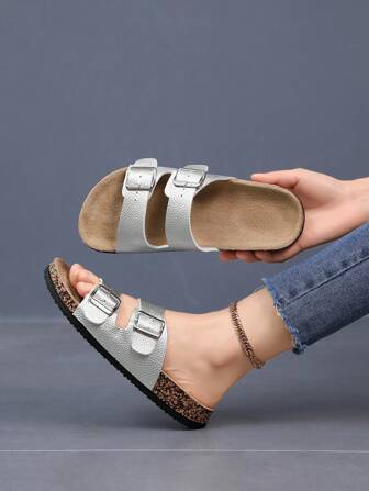 时尚带扣平底软木拖鞋度假风格夏季男女通用沙滩凉鞋户外休闲拖鞋