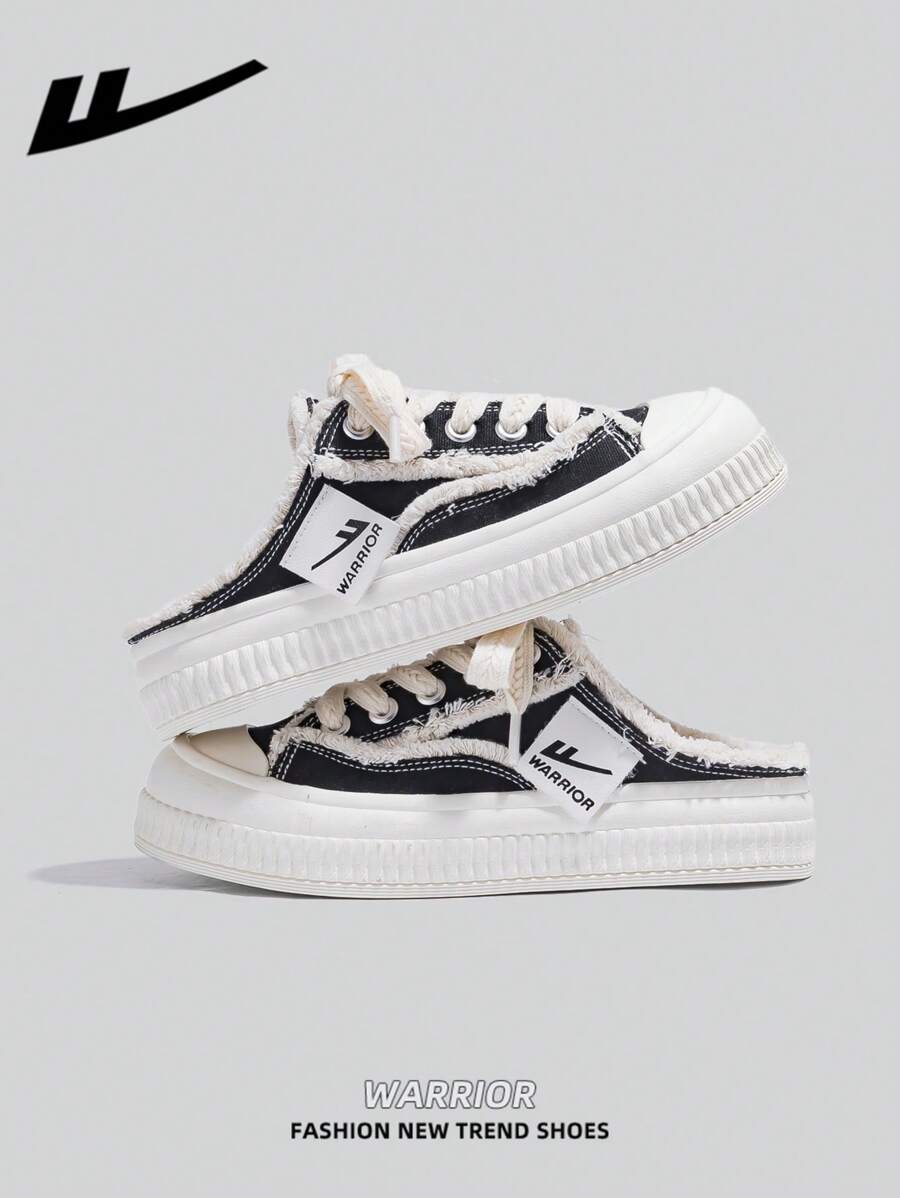 1 Pair WARRIOR Brand Women's Canvas Sneakers, Low-Top Casual Outdoor Flat Shoes, Breathable Summer Skateboard Shoes, Versatile Lightweight Comfortable Canvas Shoes, Fashion Street Style - Black - View 1