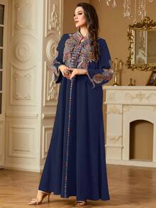 Women's Vintage Inspired Sequins Embroidered V-Neck Loose Long Arabic Style Dress, Spring/Summer, Modest Kaftan - Navy Blue - View 5