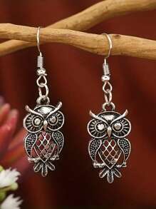 1 Pasang Anting Rumbai Kreatif Bergaya Bohemian Vintage dengan Desain Burung Hantu Berongga untuk Wanita, Cocok Sebagai Hadiah Liburan - anting-anting - View 1