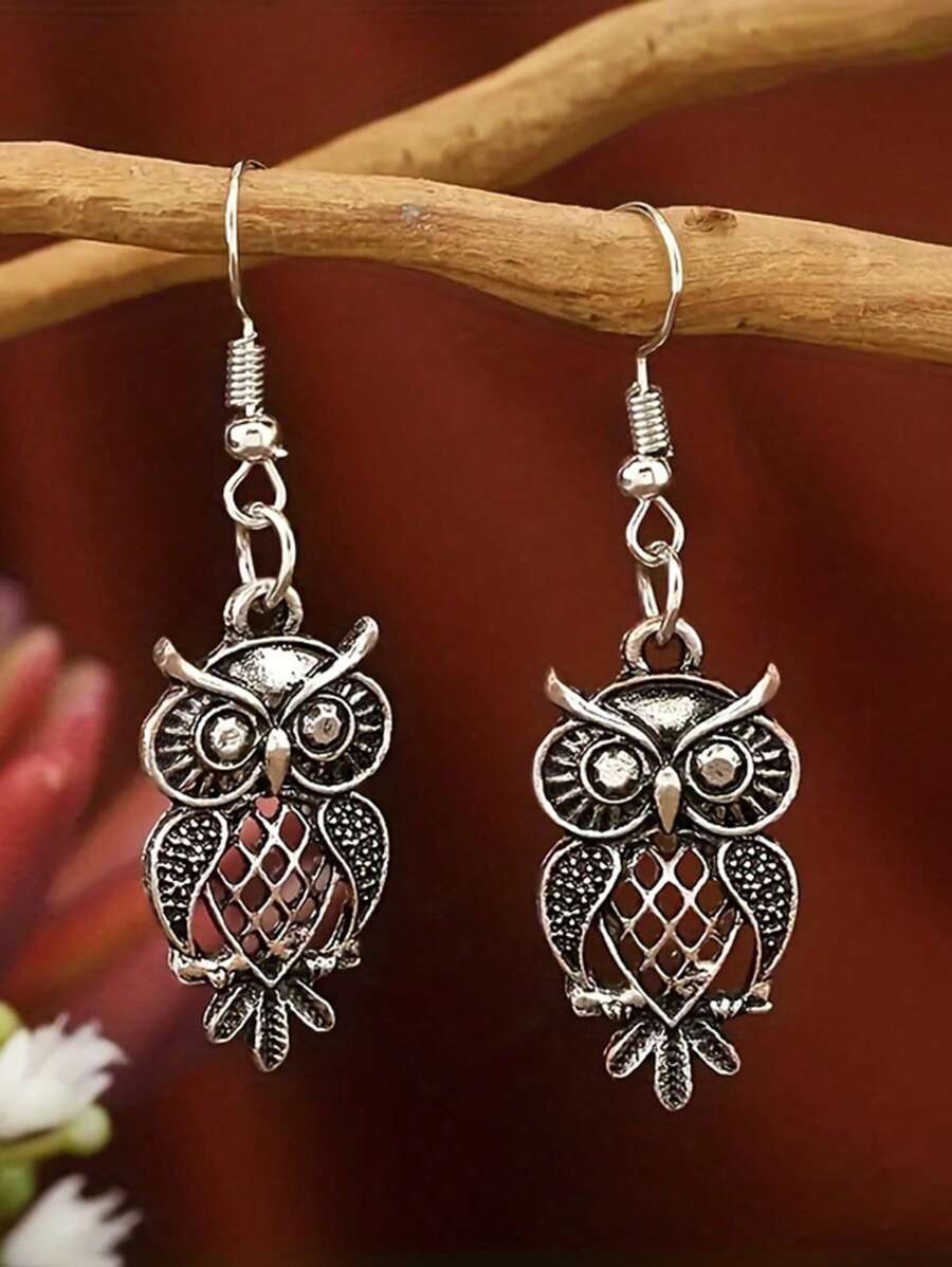 1 Pasang Anting Rumbai Kreatif Bergaya Bohemian Vintage dengan Desain Burung Hantu Berongga untuk Wanita, Cocok Sebagai Hadiah Liburan - anting-anting - View 1
