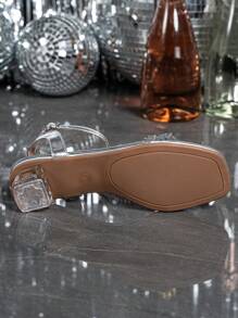 Women's Crystal Heel Glass Rhinestone Ladies' Champagne Color Plus Size High Heeled Sandals