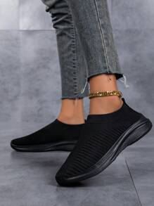 女士黑色透气针织休闲平底一脚蹬鞋，轻便舒适，适合休闲、运动和日常穿着。 - 黑色 - 查看 4