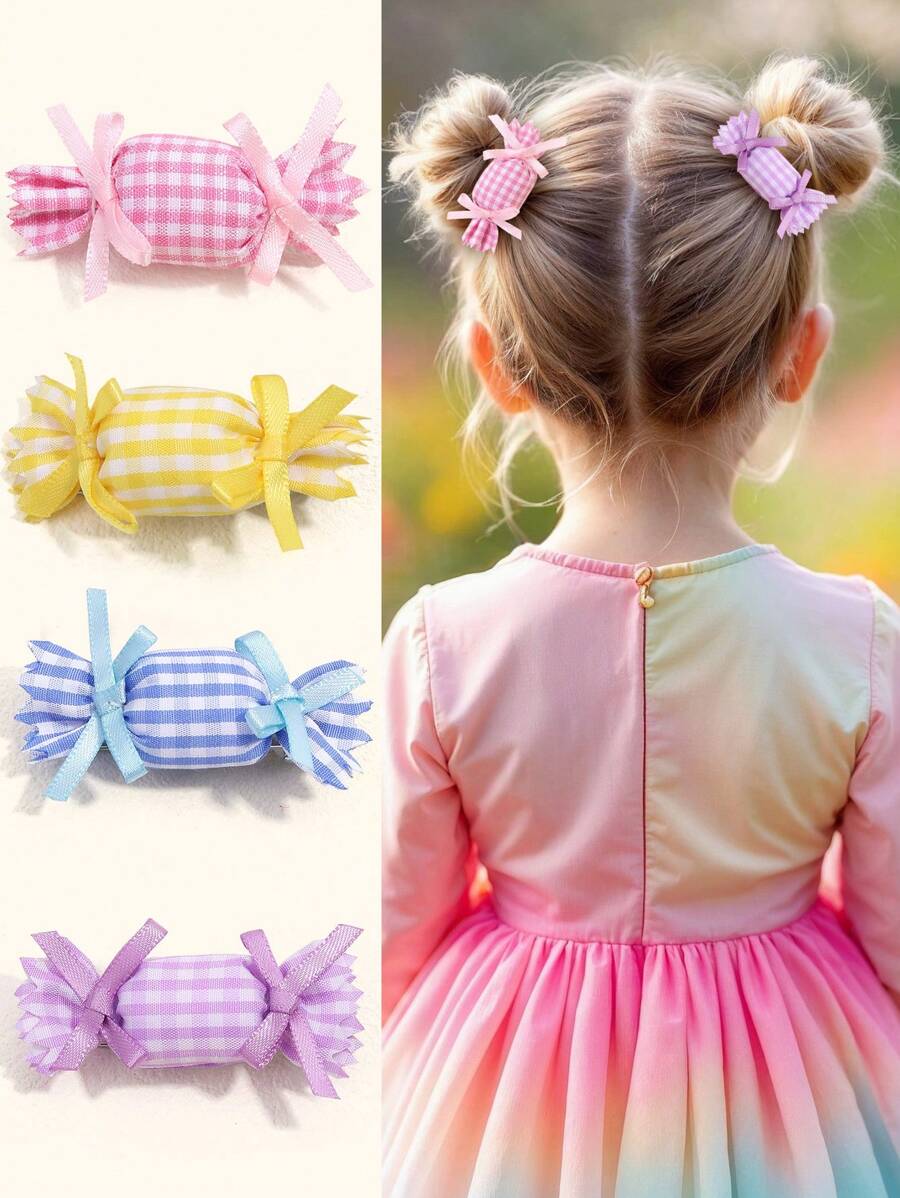 4 件装甜美糖果发夹，适合女孩，布艺糖果蝴蝶结装饰鳄鱼夹发夹，可爱发饰，适合女孩的礼物
