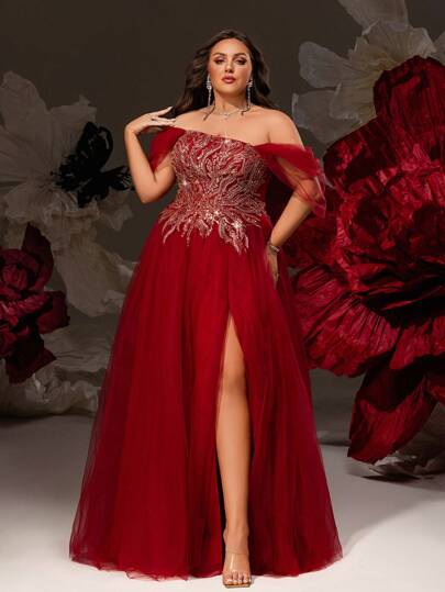 VIPGIRL Abito lungo in raso bordeaux con paillettes senza spalline, con maniche a mantello e spacco alto nella gonna in rete, abito elegante da sera, abito da ballo glamour, abito da ospite di matrimonio di lusso, outfit da red carpet, abbigliamento speciale per Eid, abito da festa per taglie comode