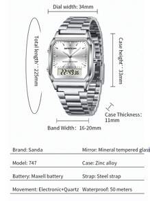 SANDA. SANDA Men's Fashion Watches Business Style Alarm Clock Steel Band Watch Square Dial