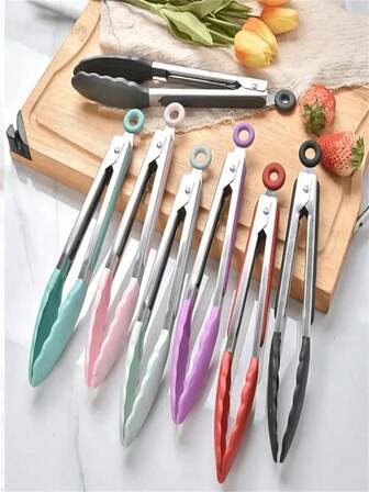 1个9英寸硅胶厨房夹，不锈钢材质，尼龙夹头，适用于烹饪、烧烤、厨房用具、户外露营野餐、炊具烧烤工具配件，颜色随机