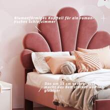 Upholstered Bed, Double Bed 140x200 Cm, Bed Frame With Floral Headboard And Slatted Frame, Girl's Bed, Guest Bed, Without Mattress, Velvet, Beige/Burgundy - 90*200CM - 查看 6