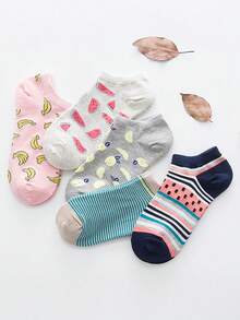 1/5 أزواج جوارب نساء رفيعة، متعددة الألوان بنمط فاكهة كرتونية شريطية مثل البطيخ والموز، ألوان متباينة جذابة، ناعمة ومريحة للاستخدام اليومي الكاجوال، جوارب خفيفة مناسبة للربيع والصيف - متعدد الألوان - مشاهدة 12