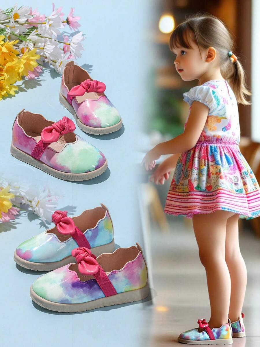 Girls Embroidered Elastic Strap Bow Decor Flat Casual Shoes - Multicolor - View 1