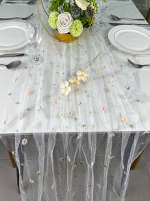 1 件半透明网眼布桌旗，乡村风格花卉刺绣设计，适用于卧室、电视柜、客厅、婚礼