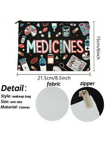 黑色帆布药丸收纳袋，带拉链 - 可重复使用的旅行和化妆包，商务旅行必备，采用“药物”和彩色医学插图设计，是送给女性、姐妹、女儿的完美礼物