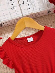 coviviky Blusa de manga corta acanalada y vestido con malla de lentejuelas degradadas con cinturón para niñas, cómodo y dulce, para verano