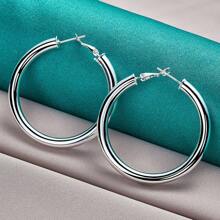 925镀银光滑50毫米圆形耳环，女士时尚婚礼订婚派对首饰 - 銀色 - 查看 5