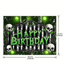 1 pieza Fondo de cumpleaños gótico, que presenta calavera, sangre verde, escarabajos, telas de araña, rayas blancas y negras, multiuso para fiestas, bodas, estudio de fotografía, decoración universal de vacaciones, sin necesidad de electricidad - 1 - Ver 3