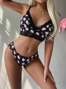 Sanrio 2pcs Set Women Lace Triangle Cup  Lingerie Bra + Matching Panty, Kawaii For Going Out