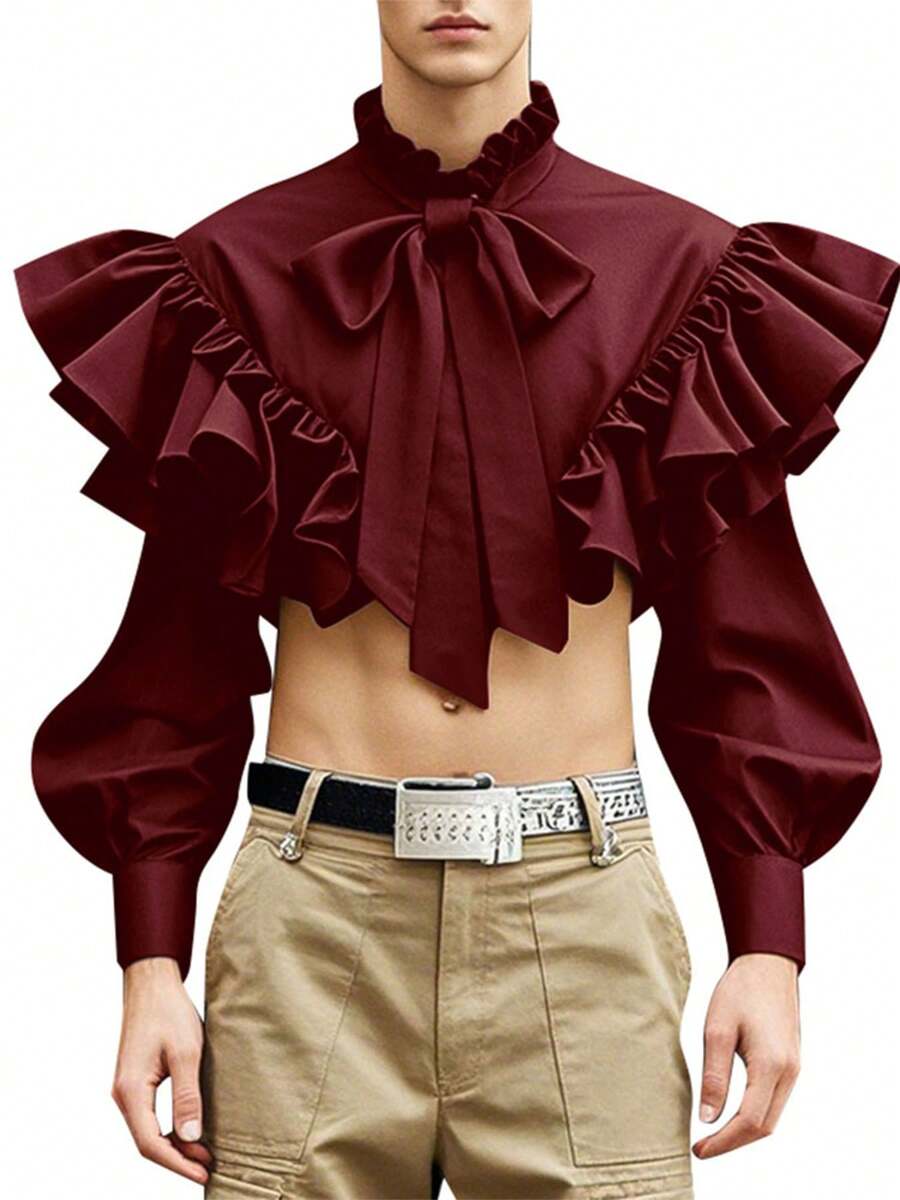 INCERUN Fashion Mens Tie Front Buttons Long Sleeve Ruffle Blouse Holiday Party Casual Shirt Tops - 酒紅 - 查看 1