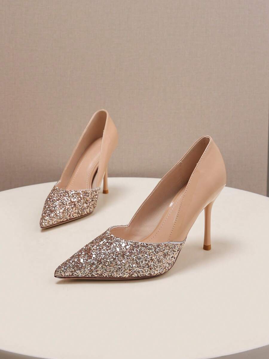 Sapatos de Salto Alto Stiletto de Bico Elegantes para Mulheres, Design em Bloco de Cores de Cristal, Adequados para Festas, Casamentos e Trabalho Diário - Moda Versátil, Decote Baixo, Fácil de Usar Scarpins Boneca Maria