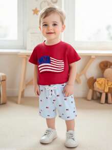 Conjunto de ropa de 2 piezas para bebés niños, con camiseta de manga corta con bordado de bandera y pantalones cortos a rayas elásticos - Rojo - Ver 5