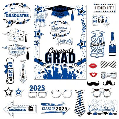 1/25 peças Decorações para Festa de Formatura Azul - Acessórios Fotográficos de Papel, 1 peça Porta-Retrato Azul, 25 peças Acessórios Fotográficos Manuais para Decoração da Classe de 2025, Suprimentos para Festa de Formatura