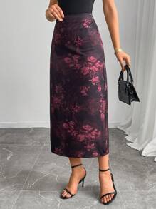 Falda elegante de corte evasé con estampado floral para uso casual diario de mujeres