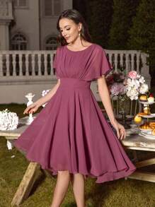 UNITHORSE Women's Round Neck Ruffle Sleeve Ruched Ruched Waist Slim-Fit Backless Elegant Dress Bridesmaid Dress - Red Violet - View 6