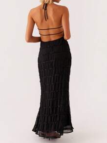 Women's Halter Neck Sleeveless Backless Bodycon Long Dress Ruched Party Evening Cocktail Dresses - Black - View 4