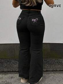 American Personalized Tight Y2K Pocket Bow Embroidery Plus Size Women's Jeans Flare Pants - 黑色 - 查看 2