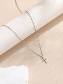 1 chiếc vòng cổ thép không gỉ hình chữ thập Cubic Zirconia phong cách Châu Âu & Mỹ - Bạc - Xem 2