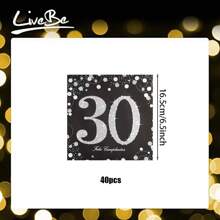 20/40 件黑色和银色波尔卡圆点 30 岁生日快乐派对餐巾，黑色主题 30 种图案派对餐巾，适合生日派对、家庭聚会、野餐派对