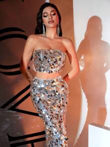 2pcs Silver Bandeau & Sequin Slit Party Set For Women - Silver - View 6