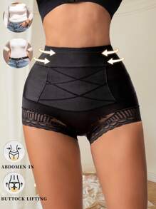 1pc Seamless High Waist Shaping Panties For Women, Lace Tummy Control Butt Lifting Shapewear - Black - View 8