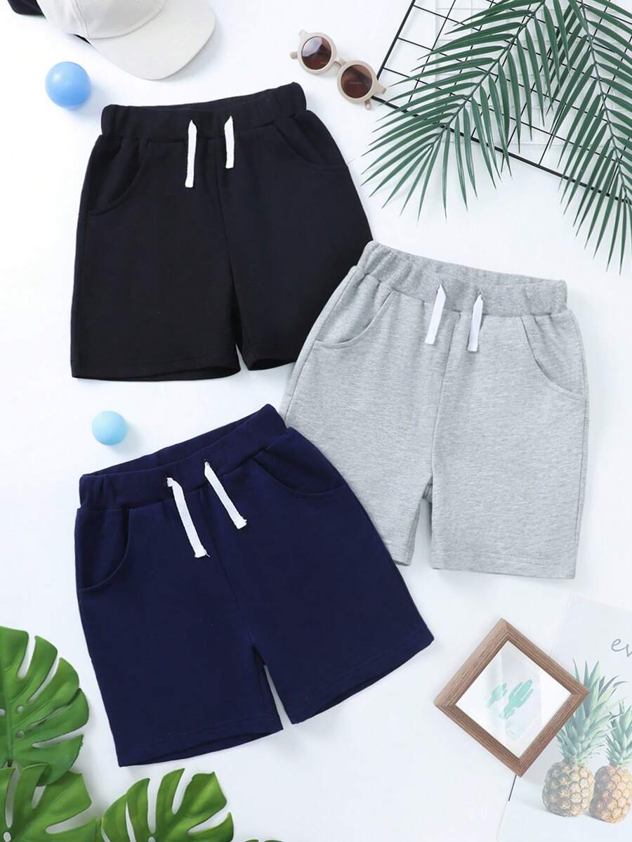 Set da 3 pantaloncini estivi casual da ragazzo, tinta unita, con tasche e laccio, per uso all'aperto