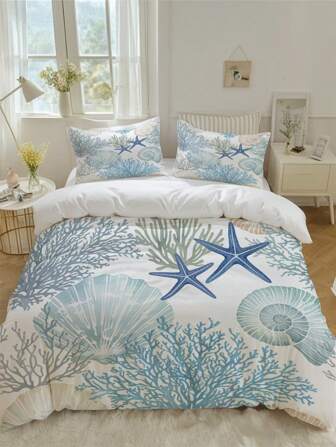 3pcs Creative Fashion Ocean Coral Print Duvet Cover Set (1*Duvet Cover + 2*Pillowcase, Without Core),With Starfish And Coral Print,Soft & Skin-Friendly, Soothing Visual Fatigue,Suitable For All Seasons, Zipper Closure, Suitable For Hotel, Bedroom, Guest Room And Dormitory Decoration Bedding,Hypoallergenic, And Easy Care,Chic, Lightweight, Breathable, Hypoallergenic, And Easy Care,Fashion Modern Simple,Ocean Theme