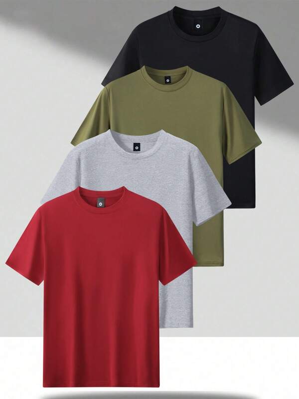 Set de 4 camisetas de manga corta básicas de ajuste regular con unicolor para hombres, prendas deportivas casuales de moda para exteriores, adecuado como regalo para esposo o novio