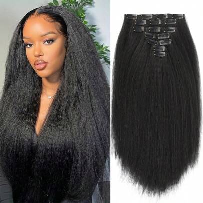 Black Kinky Straight Clips In Hair Extensions Full Head Yaki Straight Clip Ins For 7 Pieces Kinky Straight Synthetic Hair Extension