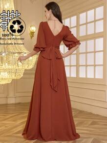 UNITHORSE V Neck Puff Sleeve Pleated Tie Waist Loose Hem Dress, Elegant Dress, Women's Bridesmaid Dress - Orange - View 1