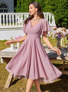 UNITHORSE Robe de femme à encolure en V, manches à volants, taille serrée, robe longue pour cocktail, soirée, faite de tissu, robe de demoiselle d'honneur - Rose bonbon - Voir 8