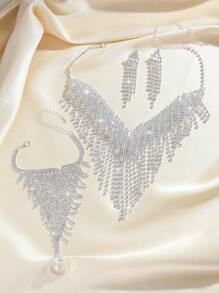 4 件奢华水钻装饰项链、耳环和手链套装，适合女性日常通勤、校园约会、婚礼派对、情人节假期 - 精緻項鍊套裝 - 查看 5