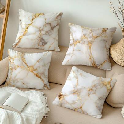 MEMNUN 4pcs 17.7*17.7in(45*45cm)/19.69*19.69in(50*50cm)/15.75*15.75in(40*40cm) White & Gold Marble Pattern Printed Polyester Throw Pillow Covers [Single-Sided Print][Pillow Insert Not Included], Suitable For Home, Sofa, Bedroom, Car Decor, Personalized Gifts