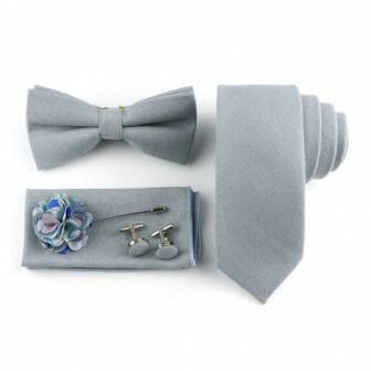 ZONFAZ 5pcs/Set Men's Solid Color Linen Necktie Set, Includes 6cm Tie, Bowknot, Pocket Square, Lapel Pin, Cufflinks - Best Choice For Groom Wedding Accessories