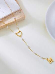 1pc Stainless Steel Letter & Heart Shaped Necklace, Minimalist 26 English Alphabets Y-Necklace For Women, Mom Gifts (Recommended To Wrap Around The Heart To Prevent Easy Slipping) Valentines - Multicolor - View 3