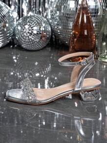 Women's Crystal Heel Glass Rhinestone Ladies' Champagne Color Plus Size High Heeled Sandals
