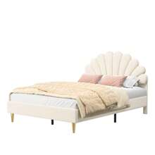 Upholstered Bed, Double Bed 140x200 Cm, Bed Frame With Floral Headboard And Slatted Frame, Girl's Bed, Guest Bed, Without Mattress, Velvet, Beige/Burgundy - 140*200cm - 查看 8