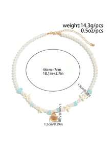 Fashionable Ocean Style Minimalist Shell Pendant Blue Crystal Beaded Faux Pearl Necklace, Daily Wear For Men, Charming Hawaii Vacation Jewelry