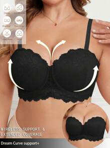 Sujetador cómodo con encaje y parches, sin alambres, con botones laterales y tirantes desmontables para multiposición para mujeres de tallas grandes