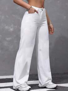 Women's Wide Leg Jeans, High Waist, Various Colors - 白色 - 查看 3