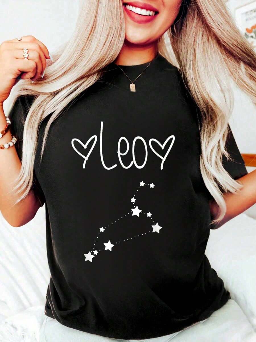 Funny Black 100% Cotton T Shirts For Women Leo Zodiac Sign Horoscope Astrology July August Birthday T-Shirt Graphic Tee For Women, O-Neck Short Sleeve Casual Tops - Black - View 1