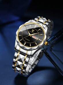 NARY 男士高端手表，休闲商务石英表，带日期和星期显示，不锈钢表带，水晶镶嵌表盘，适合日常佩戴、节日礼物、商务活动和聚会 - 藍色 - 查看 1