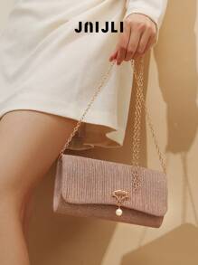 JNIJLI 1pc Vintage Elegant Fashion Luxury Metal Flower Decor Evening Clutch Bag, Handbag With Detachable Chain, Suitable For Party/Wedding/Formal, Perfect Gift For Ladies, Moms, Teachers, Friends, Bridesmaids - Dusty Pink - View 1